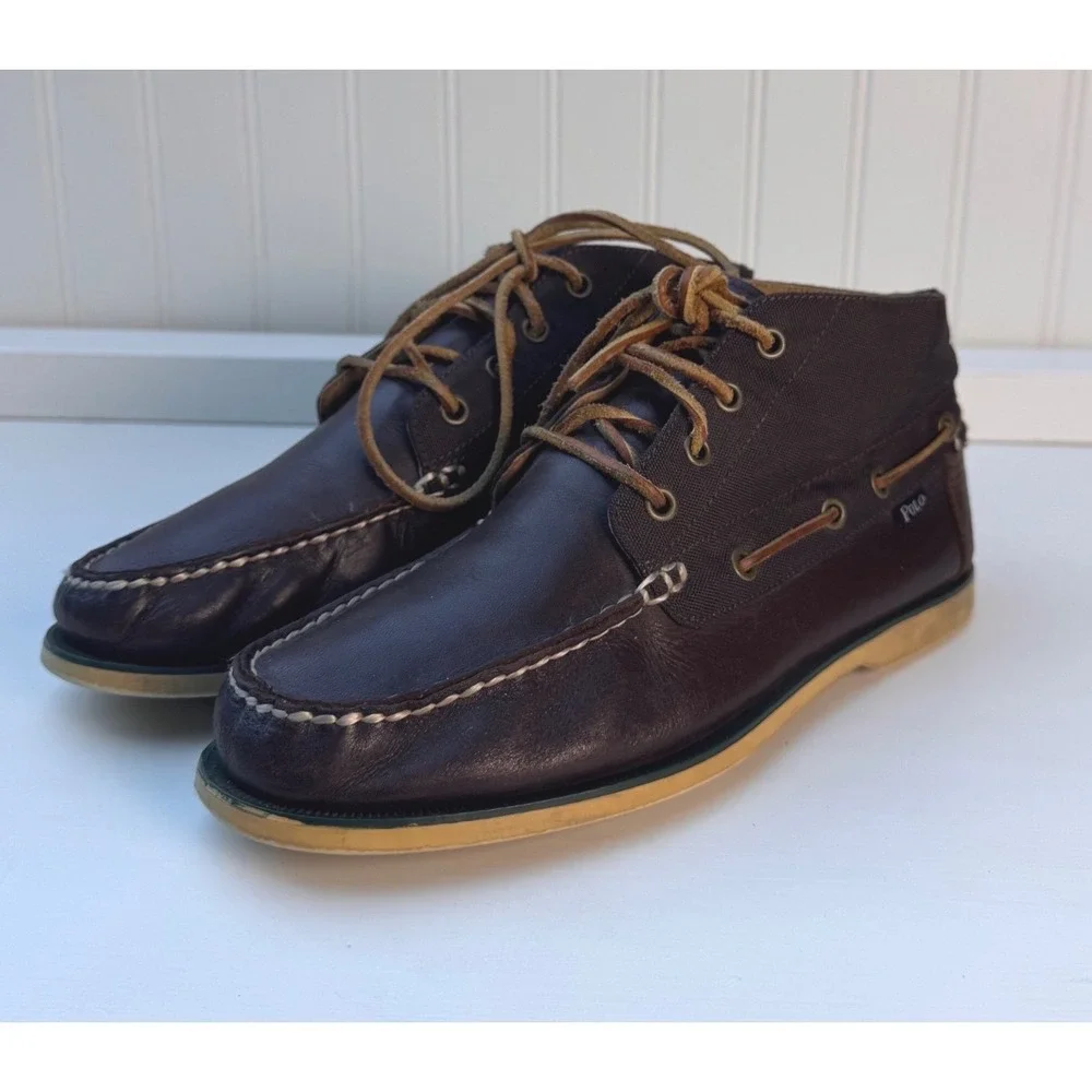 Polo Ralph Lauren Brawley Mens 8D Dark Brown Leather Canvas Chukka Boat Boots